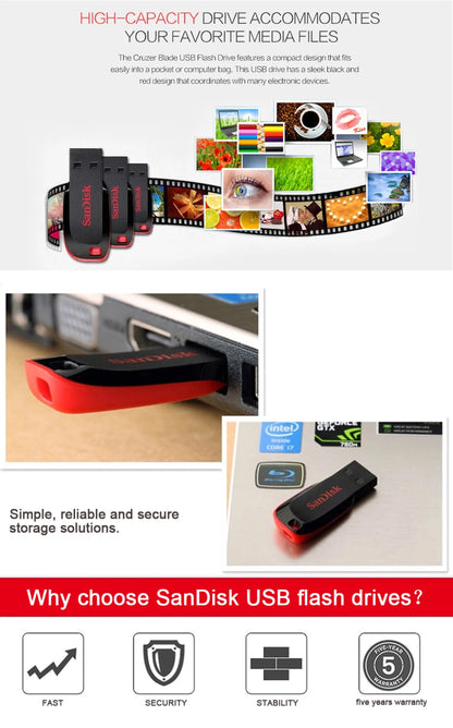 SanDisk CZ50 USB2.0 Pendrive 32GB 16GB 64GB USB Flash Drive Pen Drive U Disk Mini Flash Drive Cruzer Blade 100% Original