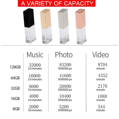 10PCS/LOT Crystal USB 2.0 Wedding Gift Flash Drives Free Custom Logo Pen Drive 100% Real Capacity Stick 128GB 8GB 16GB 32GB 64GB