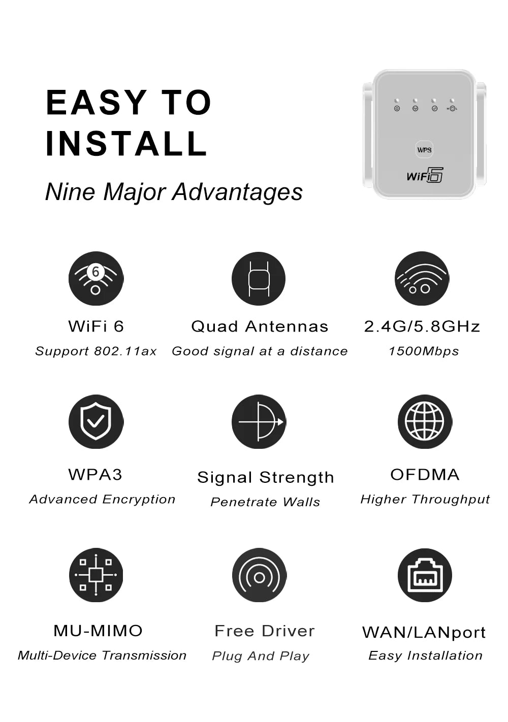 WIFI6 1500Mbps 5Ghz Wireless WiFi Repeater Booster 2.4G/5GHz Wi-Fi Signal Amplifier Extender Router Network Wlan WiFi Repetidor