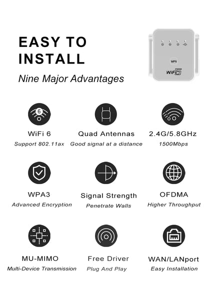 WIFI6 1500Mbps 5Ghz Wireless WiFi Repeater Booster 2.4G/5GHz Wi-Fi Signal Amplifier Extender Router Network Wlan WiFi Repetidor