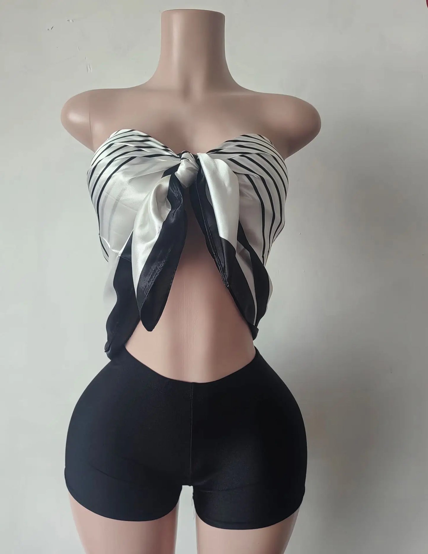 CM.YAYA Fashion Fitness Women's Set Sleeveless Print Strapless Top + Shorts 2025 Summer Active Two 2 Piece Sets Outfit Tracksuit