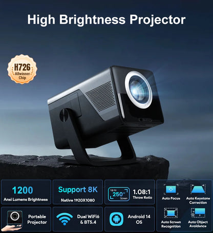 HUAWEISHI Full HD 1080P Projector 4K 1200 ANSI Android WiFi 6 Auto Focus Home Theater Projectors for Movie Meeting Video
