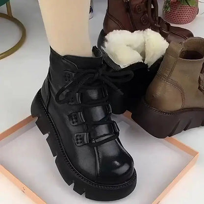 Womens Snow Boots 2025 Winter New Platform Cotton Shoe Retro Black/Brown Round Toe Lace-up Zipper Modern Motorcycle Boot