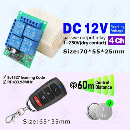 433Mhz Universal Wireless Remote Control Light Switch DC 12V 4CH RF Relay Receiver 60m Range for Light/Garage Door/LED DIY