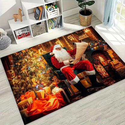 Happy New Year Merry Christmas Tree Santa Claus Cartoon Gift Carpet Rug for Bedroom Living Room Sofa Home Doormat Decor,Non-slip