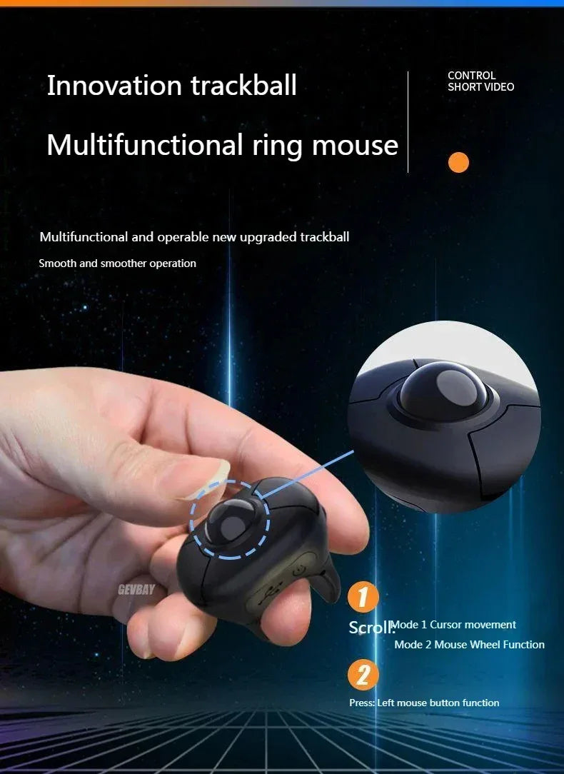 NEW Trackball Finger Ring Mouse 2.4G+Bluetooth Wireless Remote Control Mice for Short Video/PPT Speech/In-Vehicle Display Screen