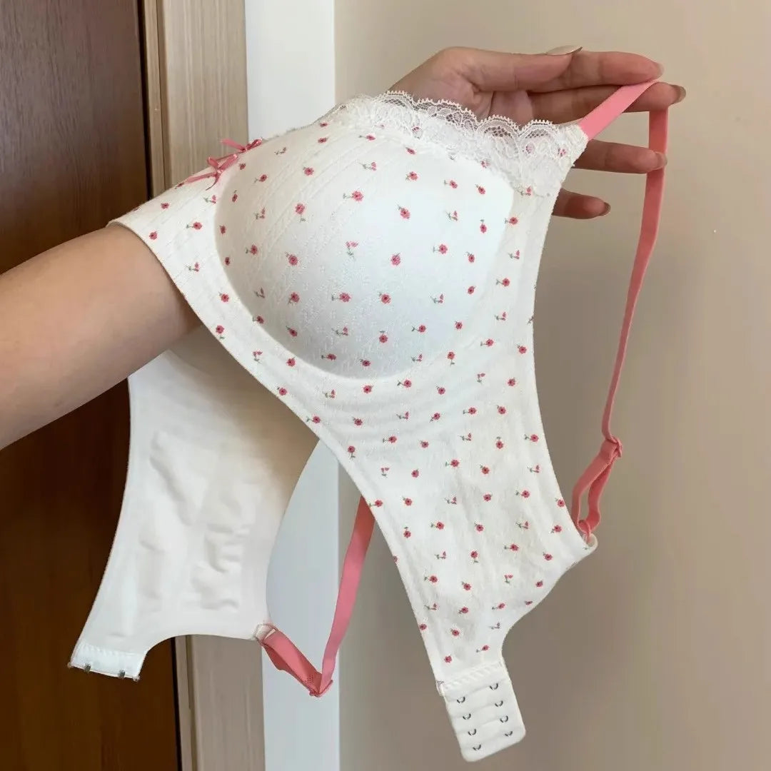 Lace Contrast Floral Print Lingerie for Women, Small Chest Gathering, Seamless and Underwire Bra