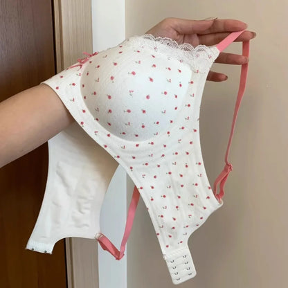 Lace Contrast Floral Print Lingerie for Women, Small Chest Gathering, Seamless and Underwire Bra