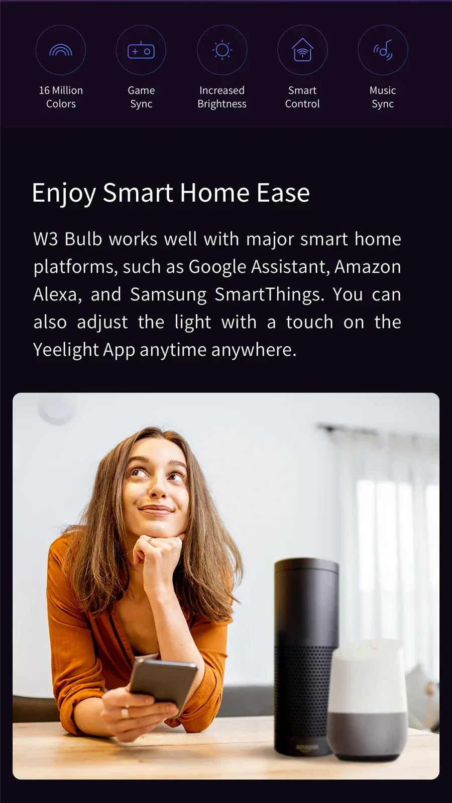 Global Version Yeelight Smart LED Bulb W3 E26 WiFi Connection Dimmable Voice Control Compatible with Mijia Google Home