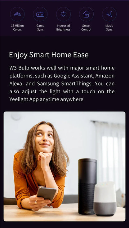 Global Version Yeelight Smart LED Bulb W3 E26 WiFi Connection Dimmable Voice Control Compatible with Mijia Google Home