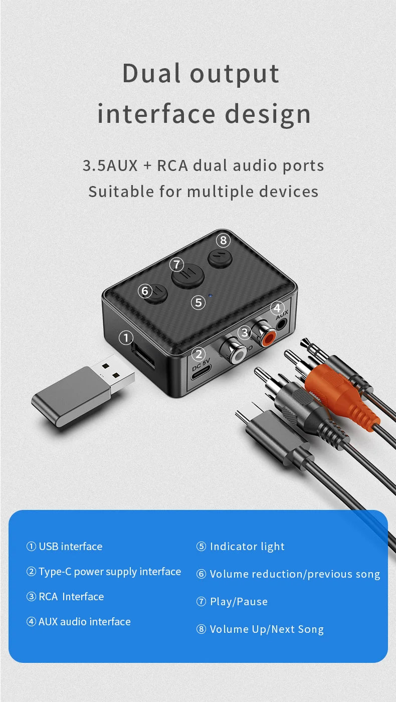 Bluetooth 5.4 Audio Receiver 3.5mm AUX RCA USB U-Disk Stereo Music Wireless Audio Adapter For PC TV Car Kit Speaker Amplifier