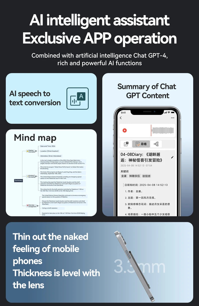 New8-128GB AI ChatGPT-4 Intelligent Voice Recorder Audio App Phone Call Record Transcribe Summarize 58LanguageTranslation Device