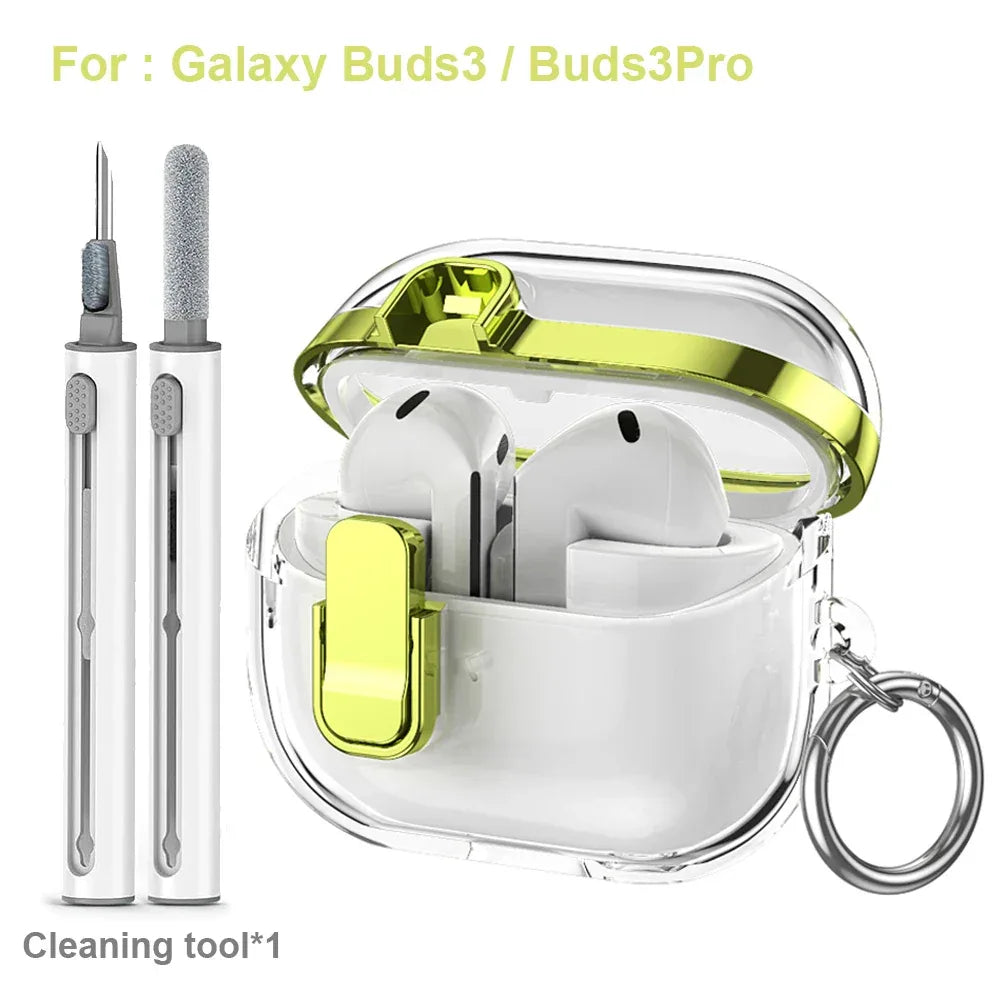 Transparent Secure Lock Earphone Cover For Samsung Galaxy Buds 3 / Buds 3 Pro Case Shockproof With Keychain Cleaning Accessories
