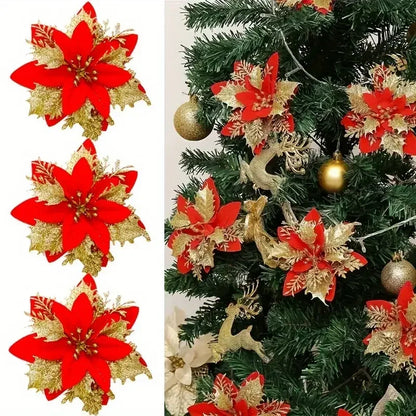 40PCS Artificial Glitter Christmas Flowers with Clips for Xmas Tree Ornament Fake Flower Floral New Year Party Home Decoration