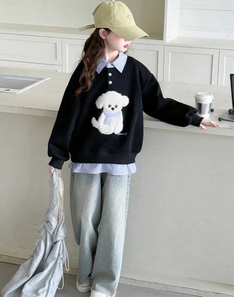 Sweatshirt Girls' 2025 New Faux Two-Piece Polo Hoodie Spring/Autumn Kids Medium-Large Loose Fit Cartoon Puppy Top