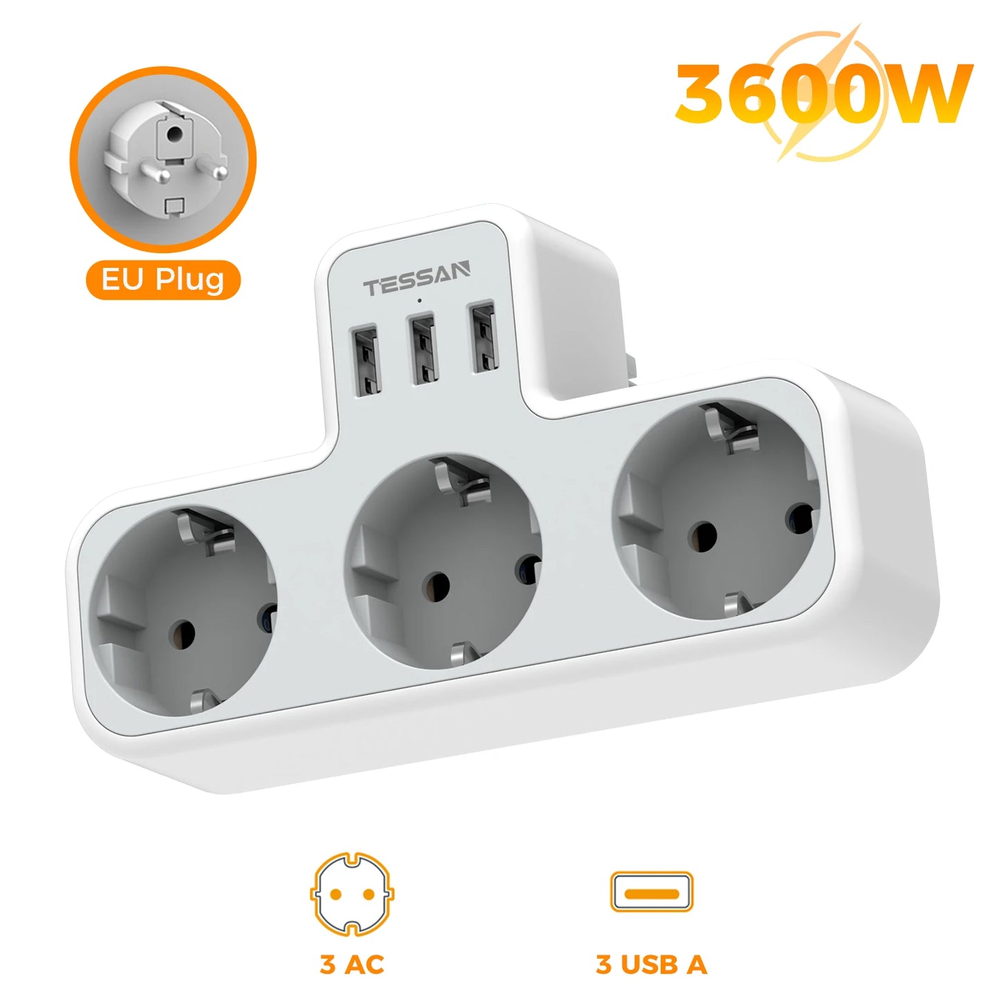 Tessan Multiple EU Standard USB Socket Wall Socket 6 in 1 Plug Socket with 3 AC Outlets with USB Charging Ports for Home Office