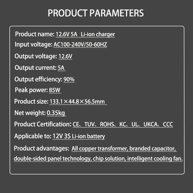 12.6V 5A Lithium Battery Charger for 3S 18650 Li-ion Packs (12V) EU/US/UK/AU Plug High Quality Charger