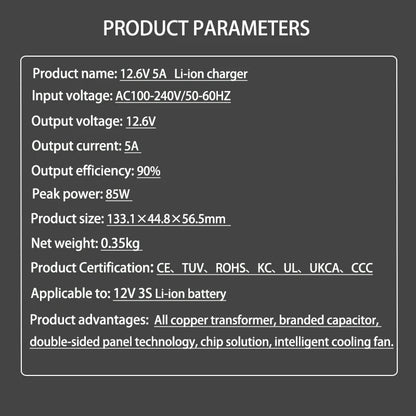 12.6V 5A Lithium Battery Charger for 3S 18650 Li-ion Packs (12V) EU/US/UK/AU Plug High Quality Charger