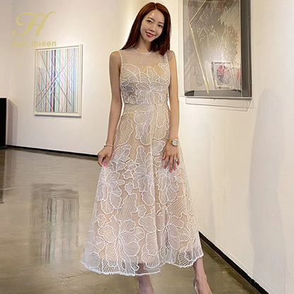 Fashion Slim O-Neck Long Party Casual Dress Hot Sale Summer Dresses Korean Retro Sleeveless Mesh Embroidery Vestidos