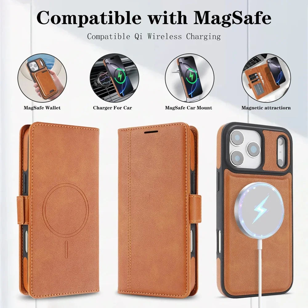 2 in 1 Magsafe Wallet Case For iPhone 17 Promax Air 16 Pro Max 15 Plus 14 13 12 iphone17 Cards Slot Leather Flip Phone Cover