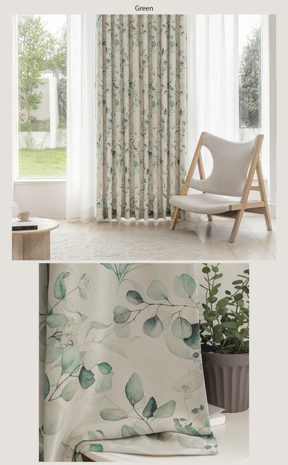 LEEJOOM Green Leaves Printed Blackout Curtain Window Blinds for Living Room Bedroom French Window 1PC