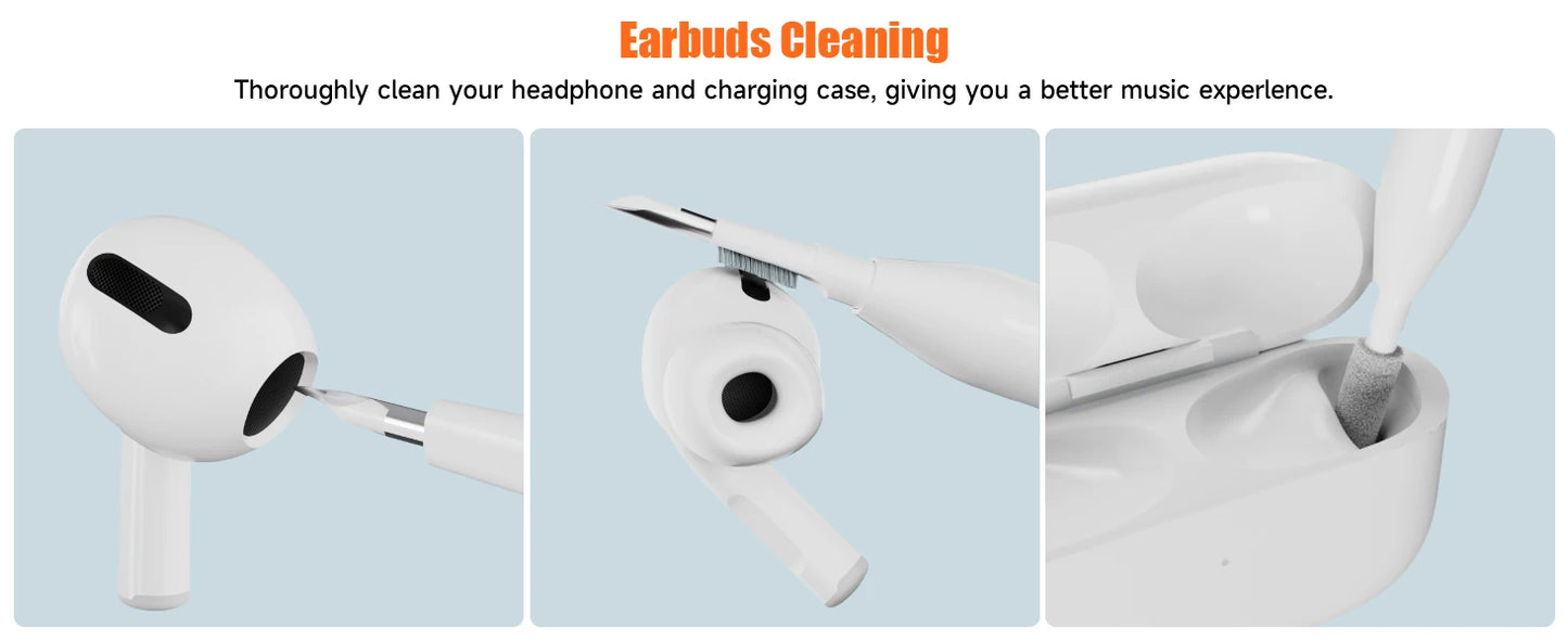 All-in-One Multi-Tool Cleaning Kit for iPhone, AirPods, Android, Earbuds, Keyboard, USB-C Port Dust Removal, with Soft Brushes,