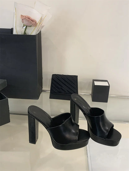Liyke Sexy Thick High Heels Platform Slippers Black White Cozy PU Leather Open Toe 12CM Women Shoes Sandals Pumps Zapatos Mujer