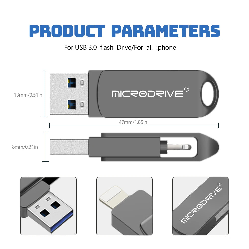 OTG Flash Drive USB3.0 for iPhone with 2 in 1 USB to lightning & usb 3.0 pendrive for iPhone 6/7/8//11/12/13 /14/ for Ipad