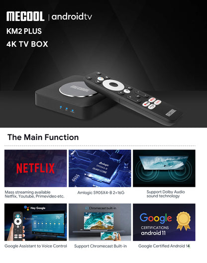Mecool KM2/KM2 plus 4K Android TV Box Amlogic S905X4 2GB 16GB USB3.0 100M LAN 2.4G 5G WiFi doby atmos Audio TV BOX 2025 new