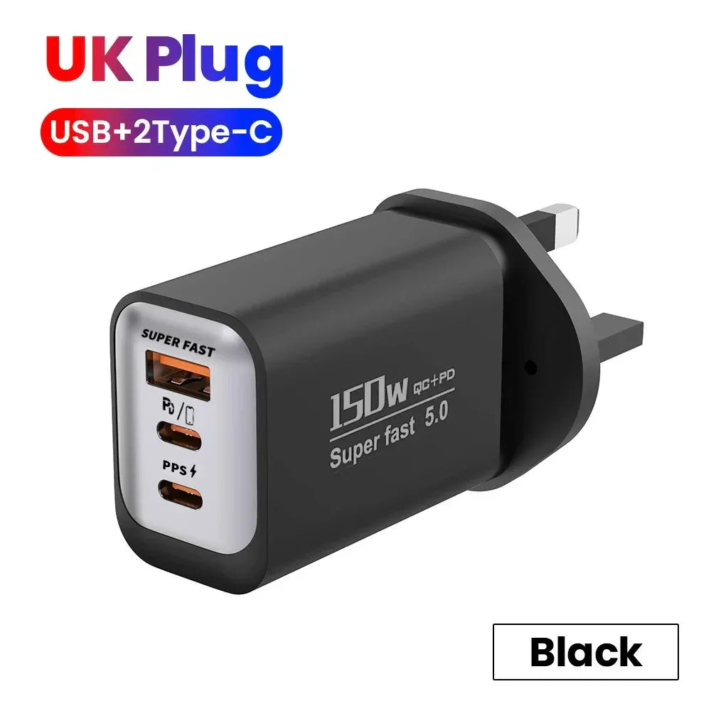 Multi Ports USB Type C Fast Charger 150W Super Charging Wall EU/US/UK Plug Charger Quick Charge3.0 USB Adapter PD3.0 Charge Head