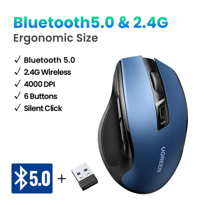 UGREEN Ergonomic Mouse, 6-Button Wireless 2.4G Bluetooth Dual Mode, 5-Level 4000 DPI Adjustable , Silent Click for PC Laptop