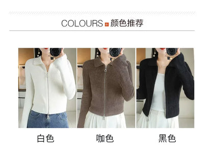 Women Autumn Winter Soft Wool Sweater Polo Collar Thicken Knitted Double Zipper Cardigan Basis Short Top Cashmere Female Coat