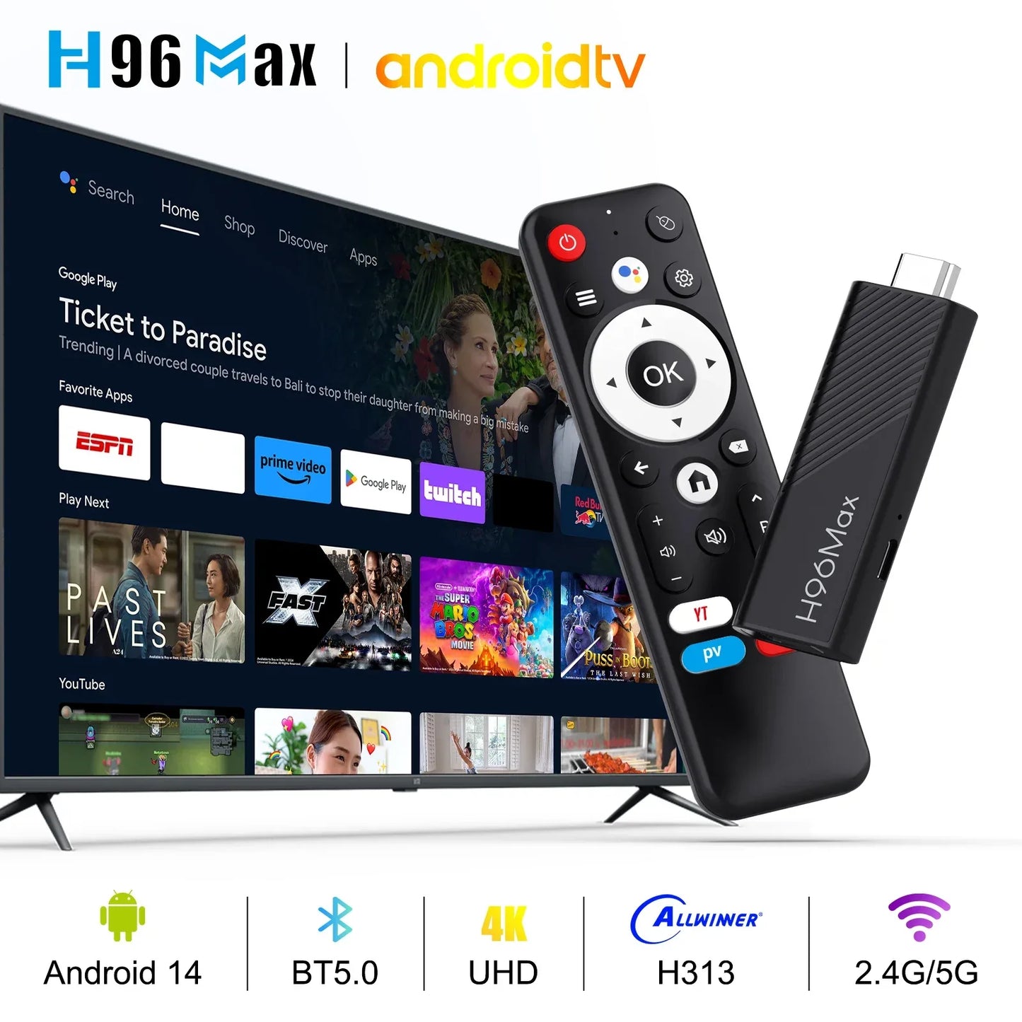 H96 MAX H313 TV Stick Allwinner H313 Quad Core mini smart TV BOX 4K Wifi6 BT5.0 Google voice assistant Smart Set Top Box