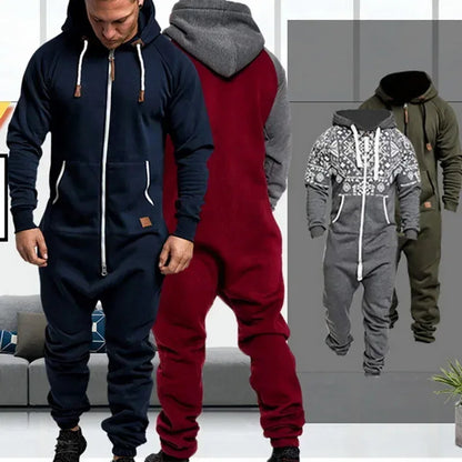 New Custom Design Jumpsuit Pajamas Long-sleeved sports pants solid color splicing casual sweater men's zipper hoodie