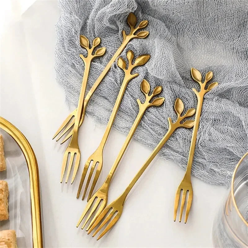 6PCS Creative Leaf Shape Fruit Dessert Fork European Small Fork Fork Kitchen Utensils