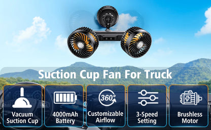 Eary Car Suction Cup Dual-Head Fan 12V/24V 360°Rotatable with 4000mAh Battery 3 Speed Wind Universal Electric for Truck Van Suv