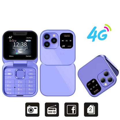 SERVO i16 PRO 4G LTE Mini Flip Mobile Phone Dual SIM Standby Call Recording Speed Dial FM Radio 1.77" Screen Foldable Cellphones