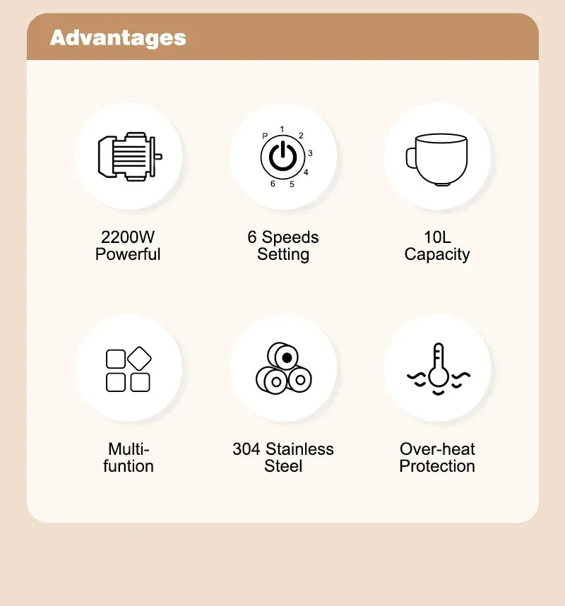 SUNATUR 10L Stand Mixer 2200w Dough Kneading Planetary Proccessor Automatic Beater Electric timed Kitchen Blender cream whipper