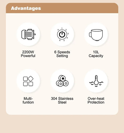 SUNATUR 10L Stand Mixer 2200w Dough Kneading Planetary Proccessor Automatic Beater Electric timed Kitchen Blender cream whipper