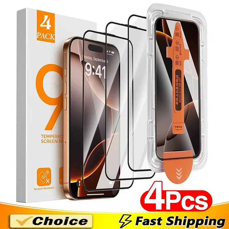 4Pcs 9D Oleophobic Dust Free Easy Installation Screen Protector For iPhone 16 15 14 13 12 11 17 Pro Max XR X XS MAX 8 Plus Glass