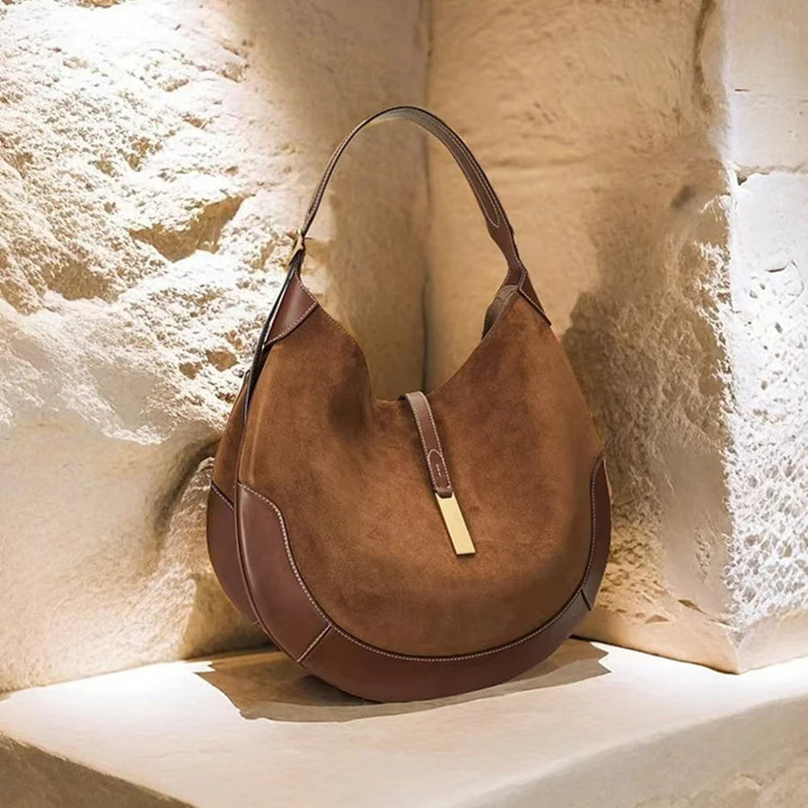 Women's underarm bag suede splicing pu leather design dumpling bag Tote bag Fashion brown/black shoulder crescent handbags bolsa