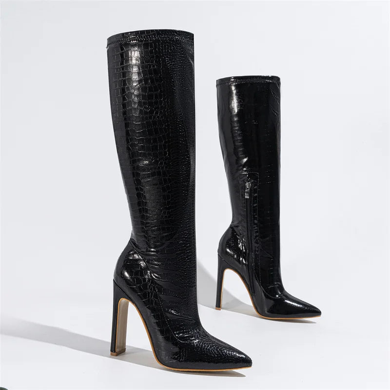Hlieny Autumn Winter Fashion Women Knee High Motorcycle Boots Sexy Pointed Toe Square Heels Long Zipper Female Botas Shoes