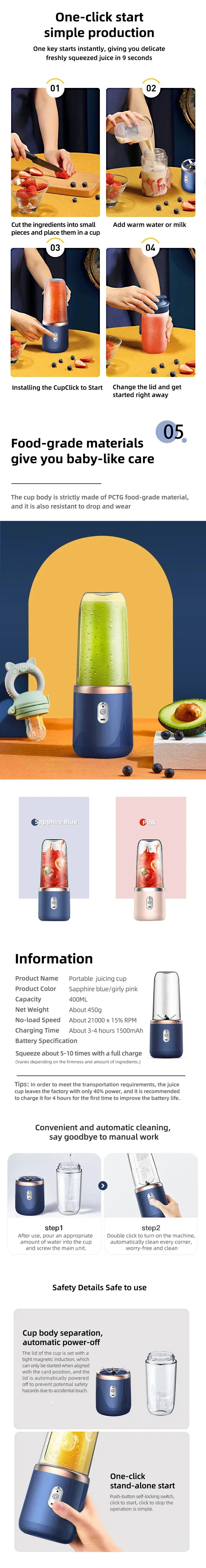 USB Personal Mini Juicer Cup Portable Handheld Travel Blender with Single Double Cups for Water Bottles