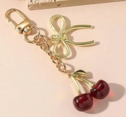 1pc Unisex Red Cherry Shaped Keychain With Fashionable Bow Pendant, Luxury Handbag Key Ring Accessory For Mother's Day Eid al Ad