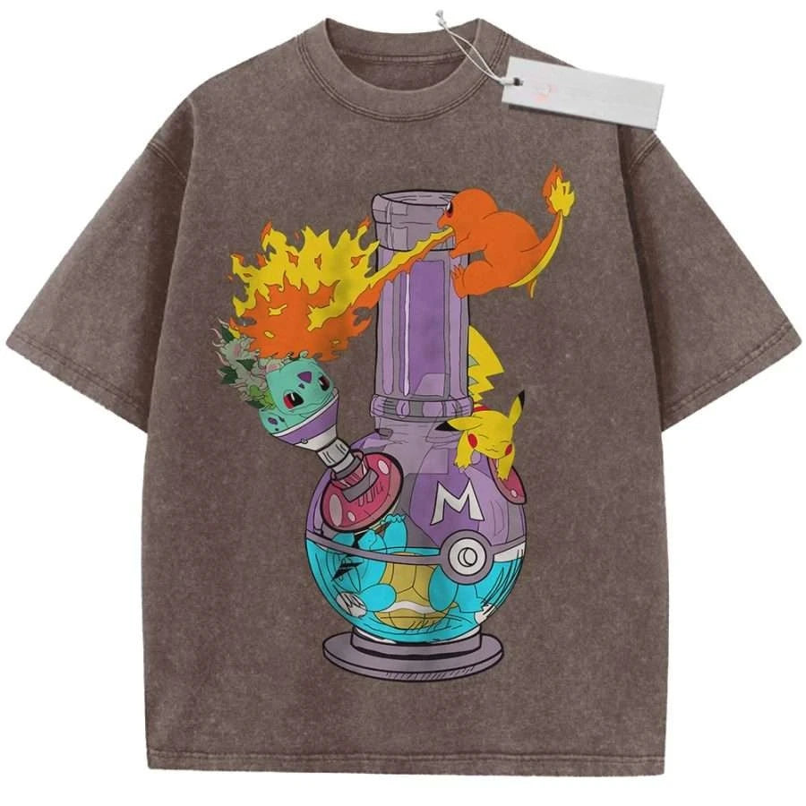 T Shirt Sports T Shirt Short Sleeve T Shirt Rose Red Unisex Pure Cotton Washed Vintage Pokemon Bulbasaur Pikachu Charmander