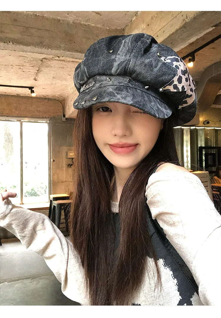 American Punk Style Rivet Star Design Octagonal Hats for Women Spring and Autumn Casual Versatile Retro Washed Denim Berets Cap