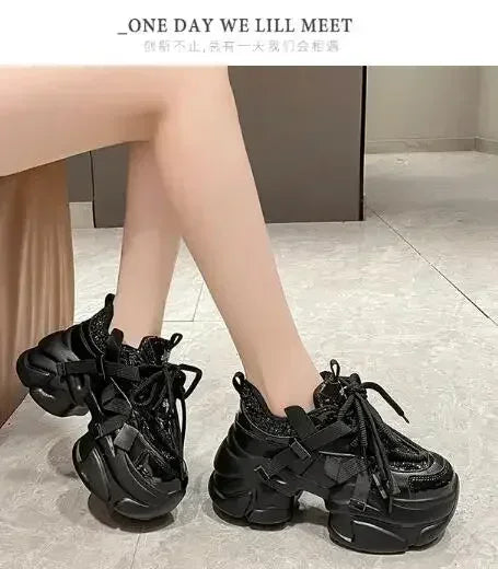 8CM Women Bling Red Chunky Sneakers Winter High Platform Warm Fur Shoes Ladies Wedges Casual Dad Shoes Leather Sports Sneakers