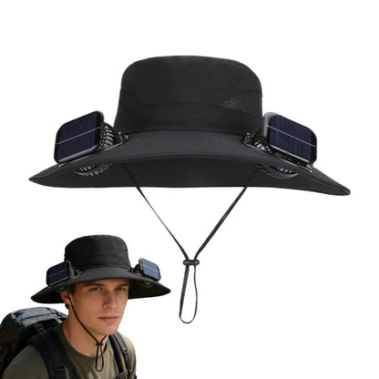 Solar Fan Hat for Men Women, Wide Brim Sun Protection Hat with Dual Solar Fans, 2-in-1 Hands-Free Cooling Cap for Hiking & Work