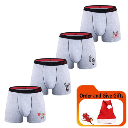 4pieces BONITOS Cotton Boxer Briefs Letter Waistband Men's Panties Print Boxers Underwear Men Underpants Gift Christmas Hat