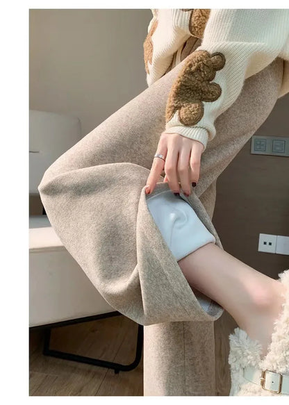 Autumn Winter Plush Pants Women  Soft Straight Tube Flared Pants High Elasticity Waist Casual Fashion Knited Woolen Pants